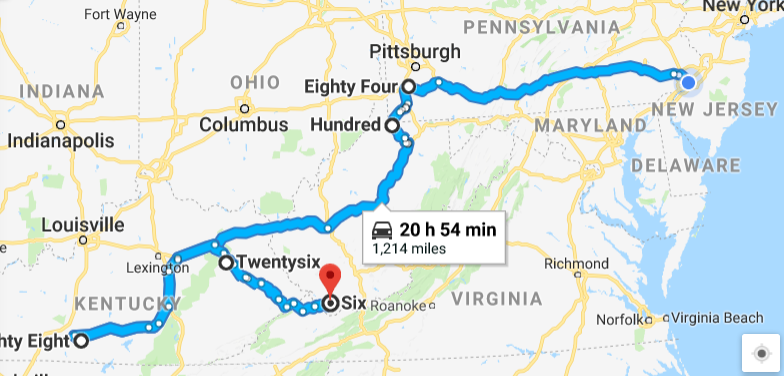 Map showing the route through Eighty Four, PA, Hundred, WV,
Eighty Eight, KY, Twentysix, KY, and Six, WV