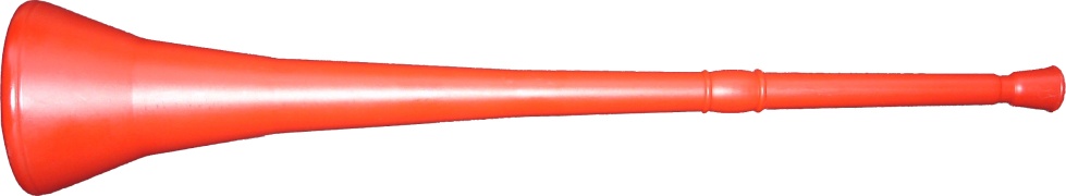 A simple horn, shaped like a very long
trumpet, made of red plastic