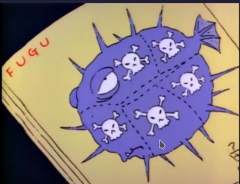 A still from _The Simpsons_, showing
the sushi chef's instruction book, open to the page about “FUGU”.  A
surly purple fish is depicted.  Several large sections are marked off
with dotted lines and labeled with skulls.  Only one narrow sliver
lacks a skull-and-crossbones.